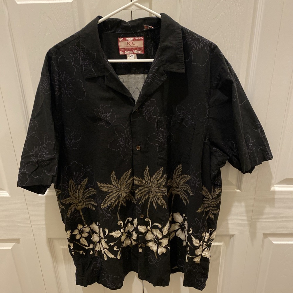 VTG RJC Hawaiian Shirt 2XL Made in USA Black Purple Brown Palm Trees Floral - Picture 1 of 7